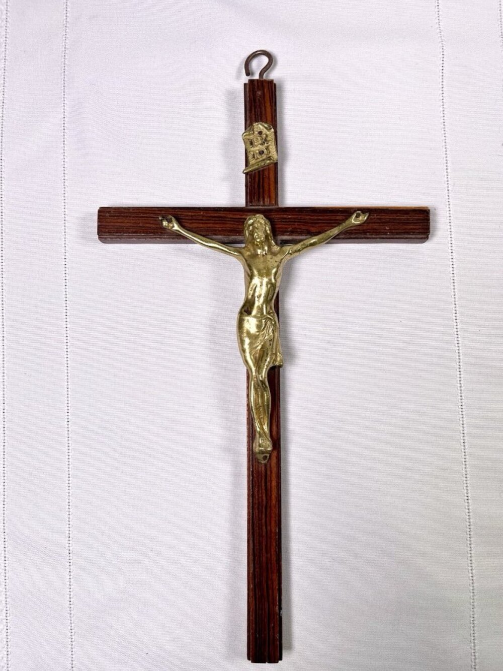 VTG Mid Century Wooden Catholic Crucifix Wall Cross Brass Jesus Corpus Religious